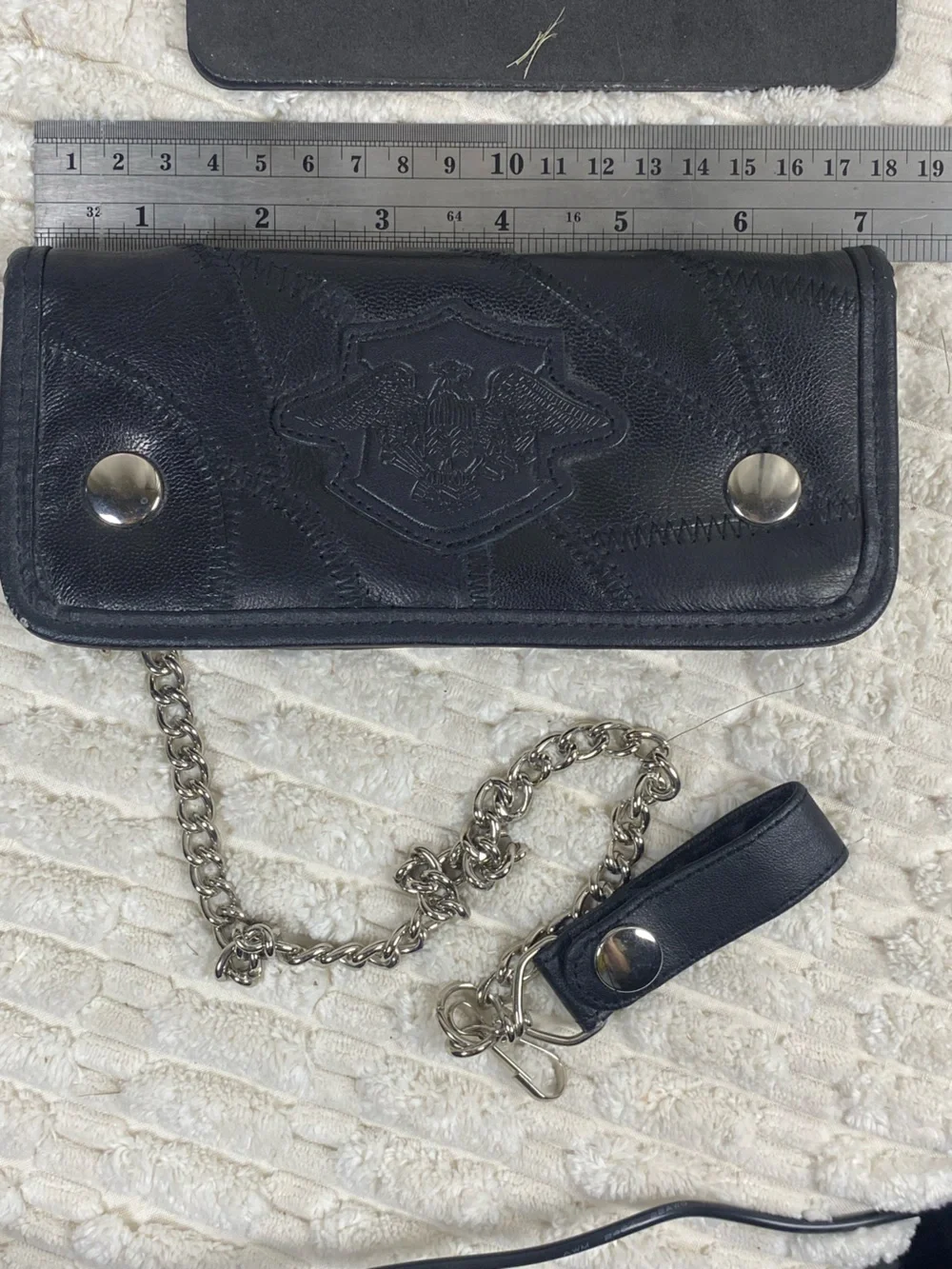 Vintage Black Leather Trucker Biker Chain Wallet Patchwork Eagle Crest 15”